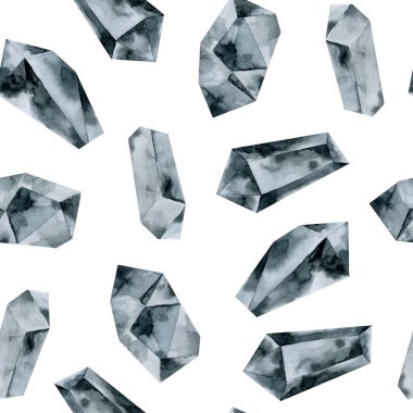Gri kristaller, çivit taşları, elmas, suluboya el çizimi, pürüzsüz desen çizimi