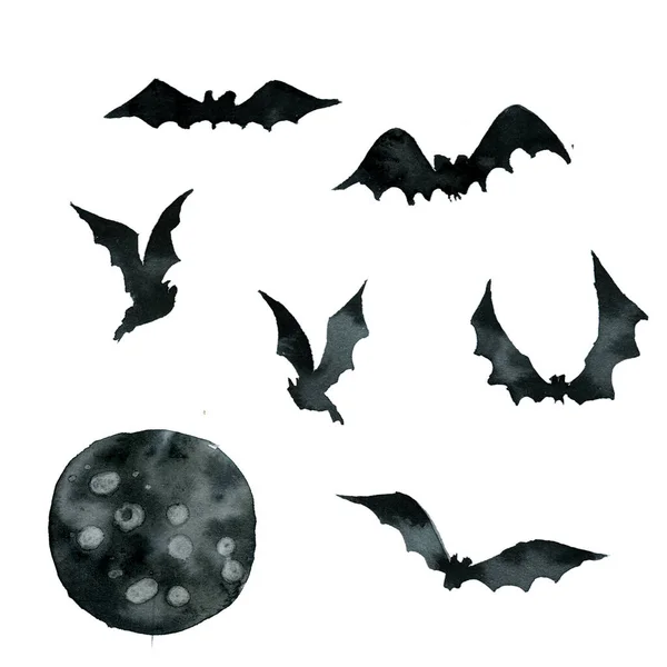 Conjunto Morcegos Pretos Lua Aquarela — Fotografia de Stock