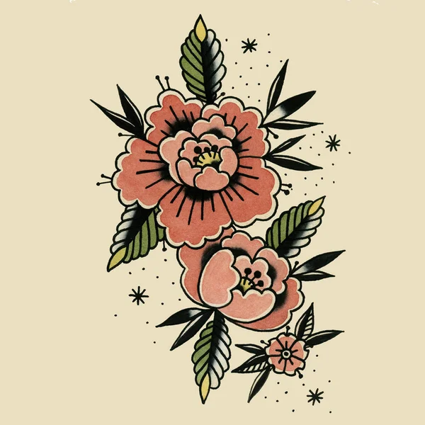 Peonies Sketch Old Shcool Tattoo — Stock Photo, Image
