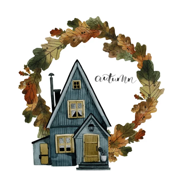 Rustic Wooden Blue House Yellow Decor Lettering Autumn Oak Leaves — Stock Photo, Image