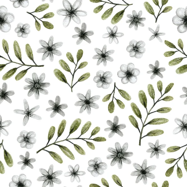Зеленые Серые Листья Ветви Цветы Рисунок Карандашом Бесшовный Узор — стоковое фото