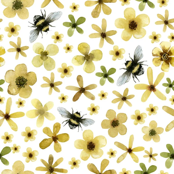 Gele Bloemen Planten Aquarel Groene Kruiden Organische Natuur Naadloze Patroon — Stockfoto