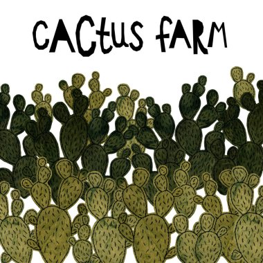 Yeşil kumaş kaktüsü, nakış kolajı, tasarım için el yapımı desen, harf çizimi.