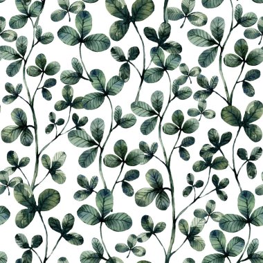 Yonca suluboya yeşil bitkisel organik doğa çiçeksiz desen çizimi, el çizimi