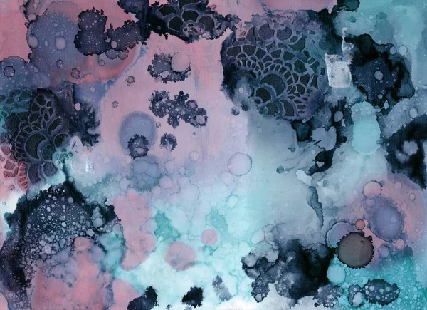 青とピンクのアルコールインクの抽象的な背景 スプラッシュと汚れ 手描き イラスト — ストック写真