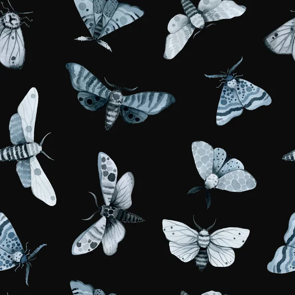 Blauer Nachtfalter Indigo Schmetterling Nahtloses Muster Wilde Insekten Aquarell Vintage — Stockfoto