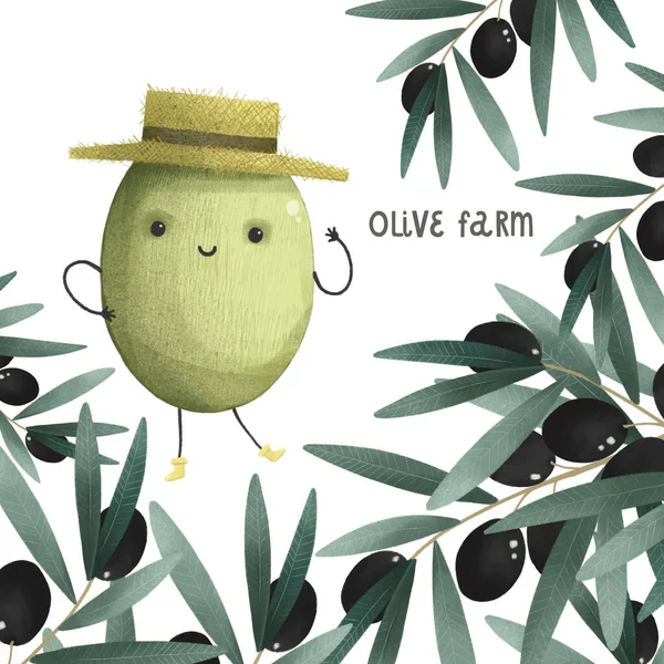 cute olives character with face, green lettering organic nature illustration, hand drawing