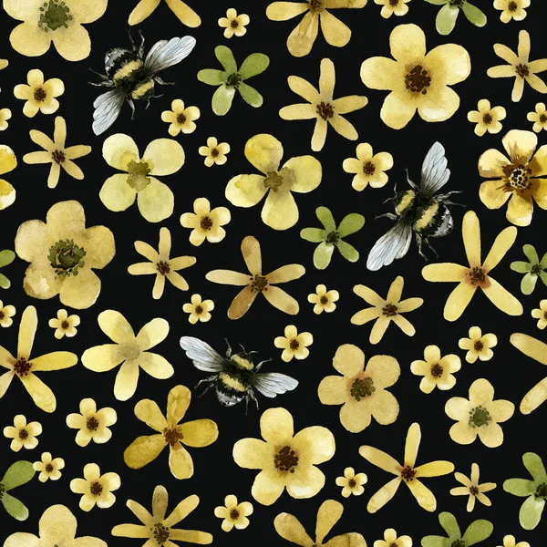 Gelbe Blumen Und Pflanzen Aquarell Grüne Pflanzliche Organische Natur Nahtlose — Stockfoto
