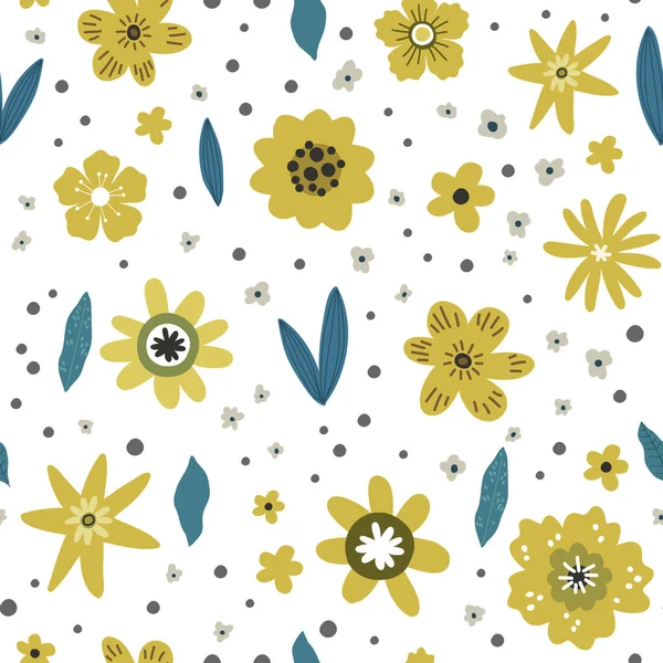 Gele en blauwe bloemen met bladeren naadloos patroon, vector hand tekening wenskaart sjabloon — Stockvector