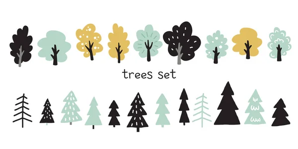 Illustratie set van verschillende bomen schattige sparren, vector tekening — Stockvector