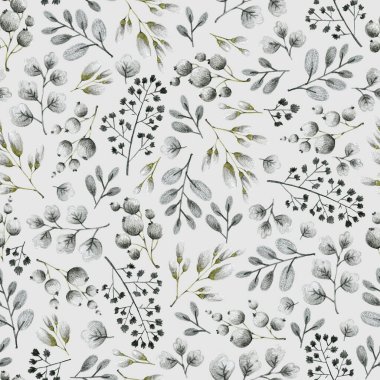 yeşil ve gri yapraklar dallar ve çiçekler, kalem çizimi, pürüzsüz desen