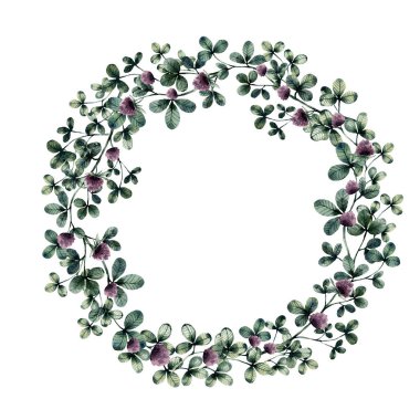 Yonca suluboya yeşil bitkisel organik çerçeve yuvarlak çizim, el çizimi