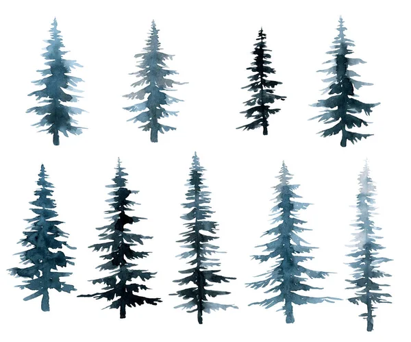 Blue Blue Trees Spruce Forest Watercolor Drawing Hand Illustration — Stock Photo, Image