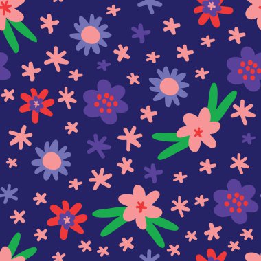 Dikişsiz desen arka planı düz renkli çiçekler vektör