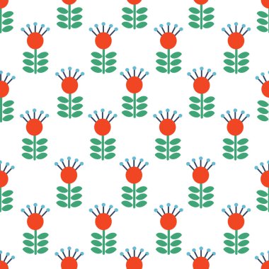 Vektör çiçekli, desen arka plan sorunsuz Halk sanat İskandinav veya Nordic kırmızı tekrarlayan çiçek tasarım. Retro tarzı çiçek süsleme, SCANDI sonsuz arka plan Tekstil tasarımı için mükemmel