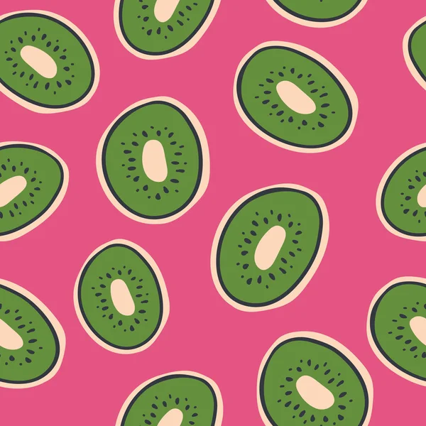 Vector Colorful fruit pattern of fresh kiwi slices on pink background. seamless pattern background. — Stock Vector