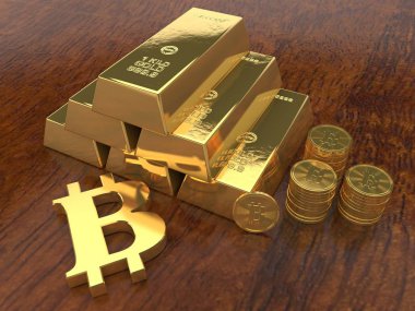 altın sikke cryptocurrency bitcoin metal arka plan ve birçok metreküp altın ve diğer metaller, fikir uluslararası bankacılık ve parasal sistem görüntüsünü. 3D render