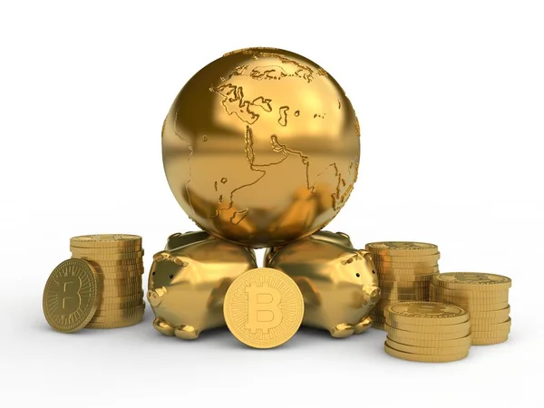 Gold Earth the gold piggy banks pigs and lots of coins cryptocurrency bitcoin. The idea of the international monetary Fund and the international banking system. 3D rendering