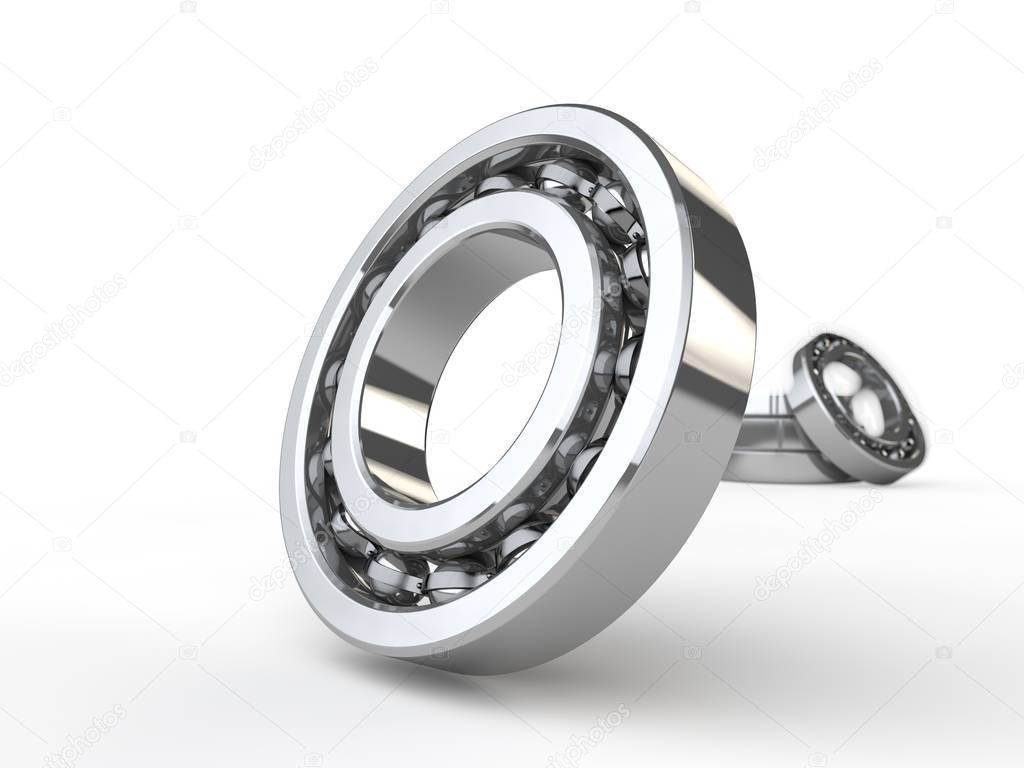 image chrome ball bearing closeup, and the other two in the background, isolated on white background. The bearing stands vertically on a white surface reflects the environment. 3D rendering