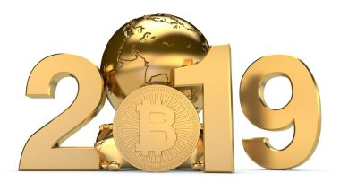 2019 3D çizimi ve bitcoin cryptocurrency paralar ile Dünya gezegeninin altın. Takvim, cryptocurrency finansal sistem 3d render gelişimi sembolü için fikir