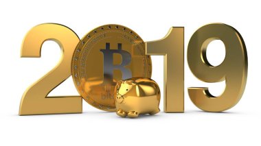 2019 3D çizimi ve bitcoin cryptocurrency paralar ile Dünya gezegeninin altın. Takvim, cryptocurrency finansal sistem 3d render gelişimi sembolü için fikir