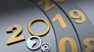 3D çizimi 2019 tarihi, altın ve demir dişli döndür, zaman makinesi mekanizması, Dişli Redüktör döndürülür. 3D render. Takvim için fikir