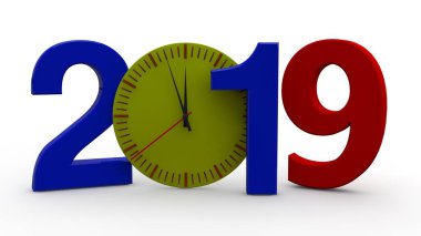 2019 3D çizimi, bir tarihi bir makineyle ilgili seyretmek ile. Zaman, geçmiş ve gelecek, takvim, yeni yıl tatili, kutlama ve sevinç için fikir. Beyaz arka plan üzerinde izole 3d render.