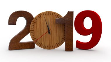 2019 3D çizimi, tarihi ahşap mekanik saat ile. Takvim, yeni yıl tatili, kutlama ve sevinç için fikir. Beyaz arka plan üzerinde izole 3d render.
