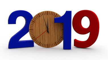 2019 3D çizimi, tarihi ahşap mekanik saat ile. Takvim, yeni yıl tatili, kutlama ve sevinç için fikir. Beyaz arka plan üzerinde izole 3d render.