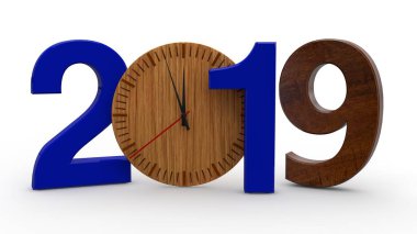 2019 3D çizimi, tarihi ahşap mekanik saat ile. Takvim, yeni yıl tatili, kutlama ve sevinç için fikir. Beyaz arka plan üzerinde izole 3d render.