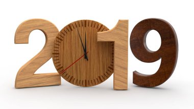 2019 3D çizimi, tarihi ahşap mekanik saat ile. Takvim, yeni yıl tatili, kutlama ve sevinç için fikir. Beyaz arka plan üzerinde izole 3d render.