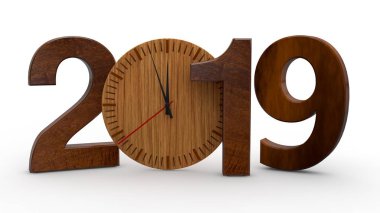 2019 3D çizimi, tarihi ahşap mekanik saat ile. Takvim, yeni yıl tatili, kutlama ve sevinç için fikir. Beyaz arka plan üzerinde izole 3d render.