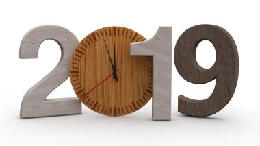 2019 3D çizimi, tarihi ahşap mekanik saat ile. Takvim, yeni yıl tatili, kutlama ve sevinç için fikir. Beyaz arka plan üzerinde izole 3d render.