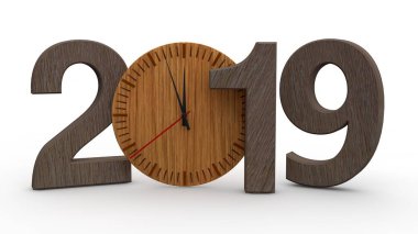 2019 3D çizimi, tarihi ahşap mekanik saat ile. Takvim, yeni yıl tatili, kutlama ve sevinç için fikir. Beyaz arka plan üzerinde izole 3d render.