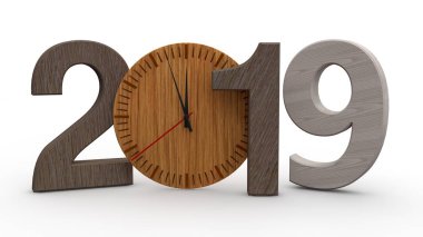 2019 3D çizimi, tarihi ahşap mekanik saat ile. Takvim, yeni yıl tatili, kutlama ve sevinç için fikir. Beyaz arka plan üzerinde izole 3d render.