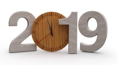 2019 3D çizimi, tarihi ahşap mekanik saat ile. Takvim, yeni yıl tatili, kutlama ve sevinç için fikir. Beyaz arka plan üzerinde izole 3d render.