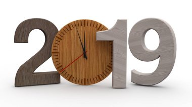 2019 3D çizimi, tarihi ahşap mekanik saat ile. Takvim, yeni yıl tatili, kutlama ve sevinç için fikir. Beyaz arka plan üzerinde izole 3d render.