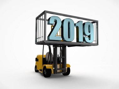 Yeni yıl bir kapsayıcıyla 2019 tarihi kaldırdı bir forklift 3D Illustration. Geçmişten geleceğe taşıyan bir takvim için fikir. 3D render, beyaz arka plan üzerinde izole resim.