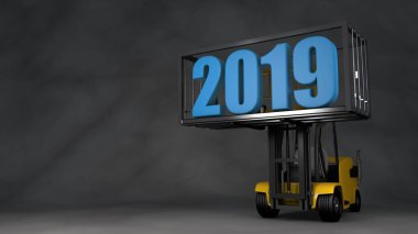 bir forklifti bir kapsayıcı bir 2019 yeni yıl tarihle kaldırdı karanlık bir Studio 3D Illustration. Geçmişten geleceğe taşıyan bir takvim için fikir. görüntünün 3B oluşturma.