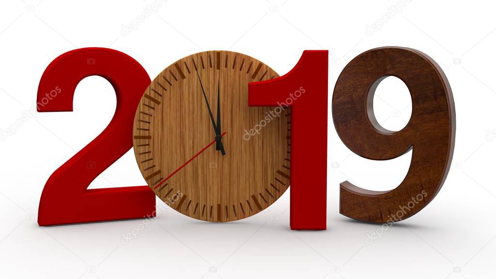 3D illustration of 2019, date with wooden mechanical clock. Idea for calendar, new year holidays, celebration and joy. 3D rendering isolated on white background.