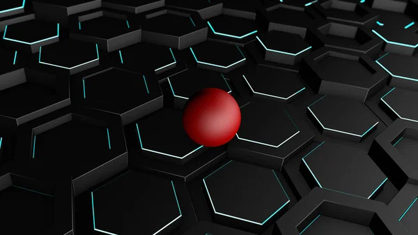 3D illustration of a background of many black hexagons with a thin luminous strip. On hexagons, geometric shapes is a red ball, sphere. 3D rendering, abstraction.