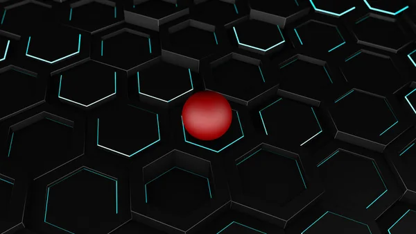 3D illustration of a background of many black hexagons with a thin luminous strip. On hexagons, geometric shapes is a red ball, sphere. 3D rendering, abstraction.