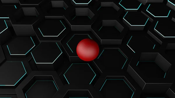 3D illustration of a background of many black hexagons with a thin luminous strip. On hexagons, geometric shapes is a red ball, sphere. 3D rendering, abstraction.