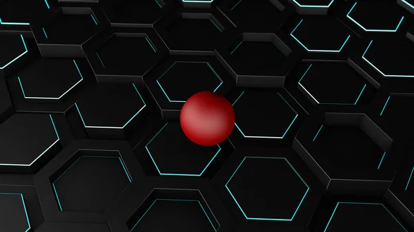 3D illustration of a background of many black hexagons with a thin luminous strip. On hexagons, geometric shapes is a red ball, sphere. 3D rendering, abstraction.