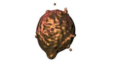 Sıvı metal, bronz, altın, bakır, akış, dağılım farklı yönlere ve birleştirme uçan damla soyut Illustration. 3D render.