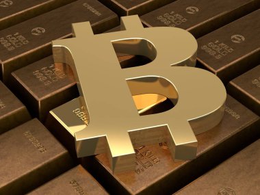 altın külçelerini kayıp değeri, rusty, eski 3D Illustration. Bir altın bar ve bitcoin, uluslararası bir cryptocurrency sembolü. Cryptocurrency üstünlük finansal sistemin üzerinde fikir.