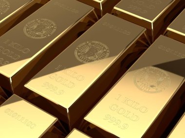birçok altın külçelerini 3D çizimi ile bitcoin cryptocurrency sembolü. Dijital altın, cryptocurrency değeri, yapımların fikri. Elektronik hisse senetleri ve yatırım 3D render.