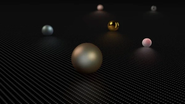 3D illustration of many spheres, balls of different sizes and shapes on a metal surface. Abstraction, 3D rendering.