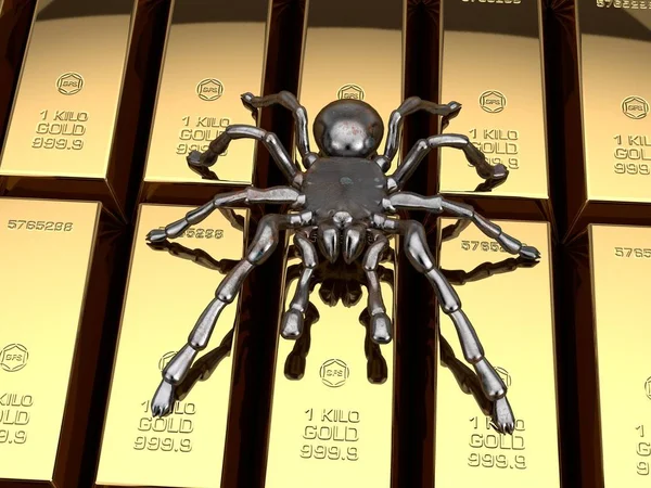 3D illustration of gold and iron spider ingots, rusty metal tarantula. The idea of danger, greed, trap, greed, crisis and economic collapse. 3D rendering, background.