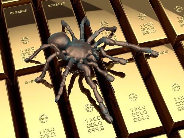 3D illustration of gold and iron spider ingots, rusty metal tarantula. The idea of danger, greed, trap, greed, crisis and economic collapse. 3D rendering, background.